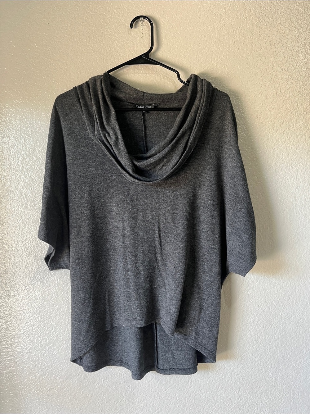 Carol Rose Charcoal Gray Cowl-Neck Sweater Sz L Boxy Lightweight Short Sleeve